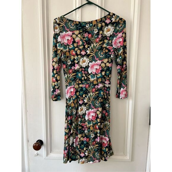 Anthropologie Lilka long sleeve floral v-neck dress green pink white gold S - Picture 6 of 6